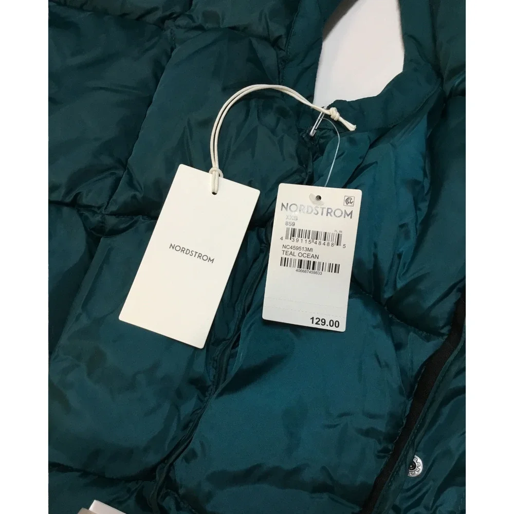 New Nordstrom Puffer Vest Womens XXS Stand Collar Quilted Zip Up Teal Ocean